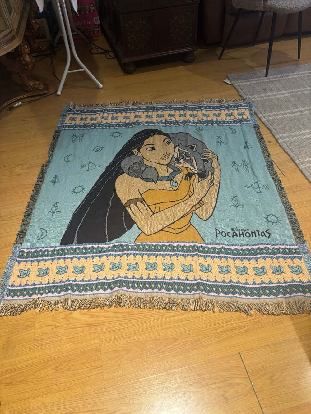 Vintage 1995 Beacon Disney Pocahontas Woven Throw Blanket with Fringe